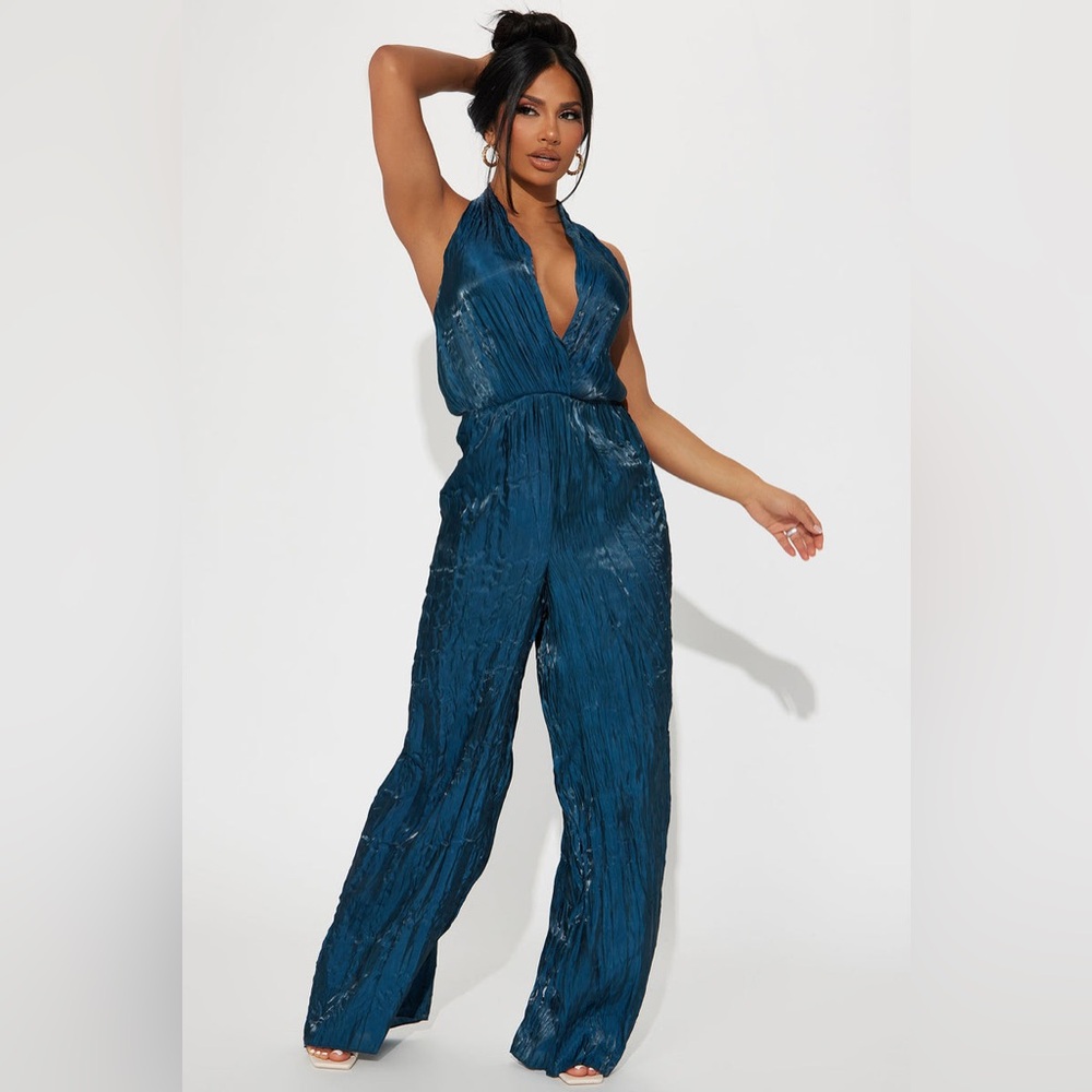 Fashion Nova Seleste Satin Jumpsuit - Teal